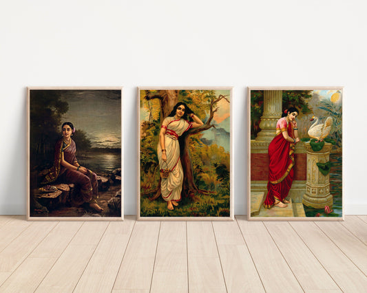 Set of 3 Indian Vintage paintings by Raja Ravi Varma - Radha in the Moonlight, Hamsa Damayanti - Canvas Print Unframed