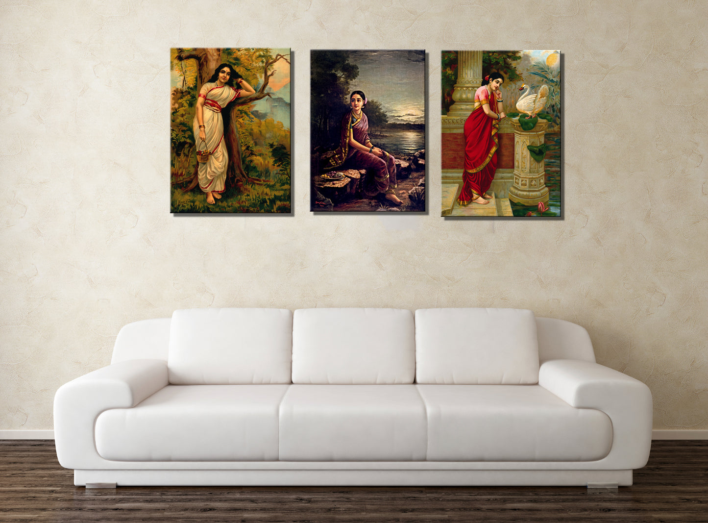 Set of 3 Indian Vintage paintings by Raja Ravi Varma - Radha in the Moonlight, Hamsa Damayanti - Canvas Print Unframed