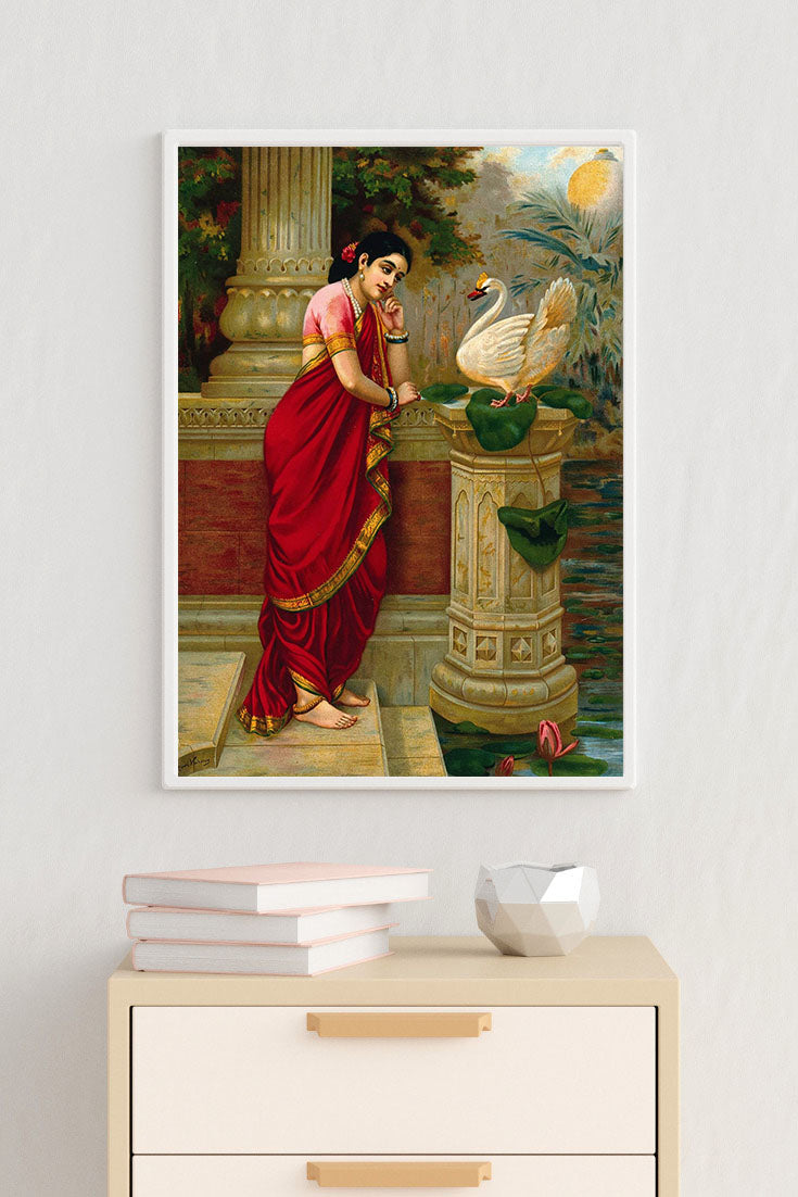 Set of 3 Indian Vintage paintings by Raja Ravi Varma - Radha in the Moonlight, Hamsa Damayanti - Canvas Print Unframed