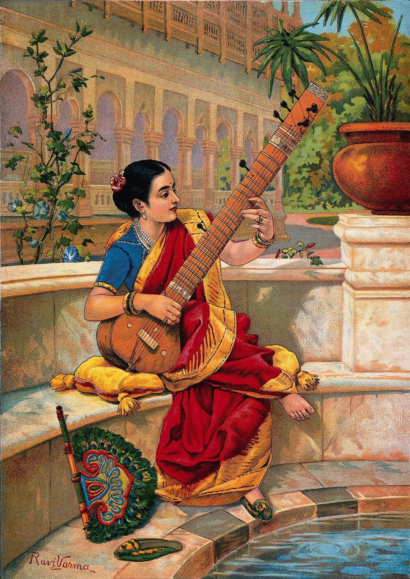 A seated Indian woman plays a sitar next to a garden pond by Ravi Varma.jpg