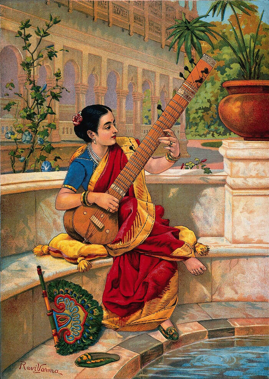 A seated Indian woman plays a sitar next to a garden pond by Ravi Varma.jpg