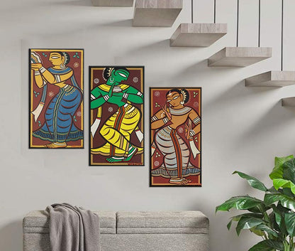 Set of 3 Gopini’s by Jamini Roy - Bengal Master - Indian Art - Kalighat Style - Canvas Matte Unframed