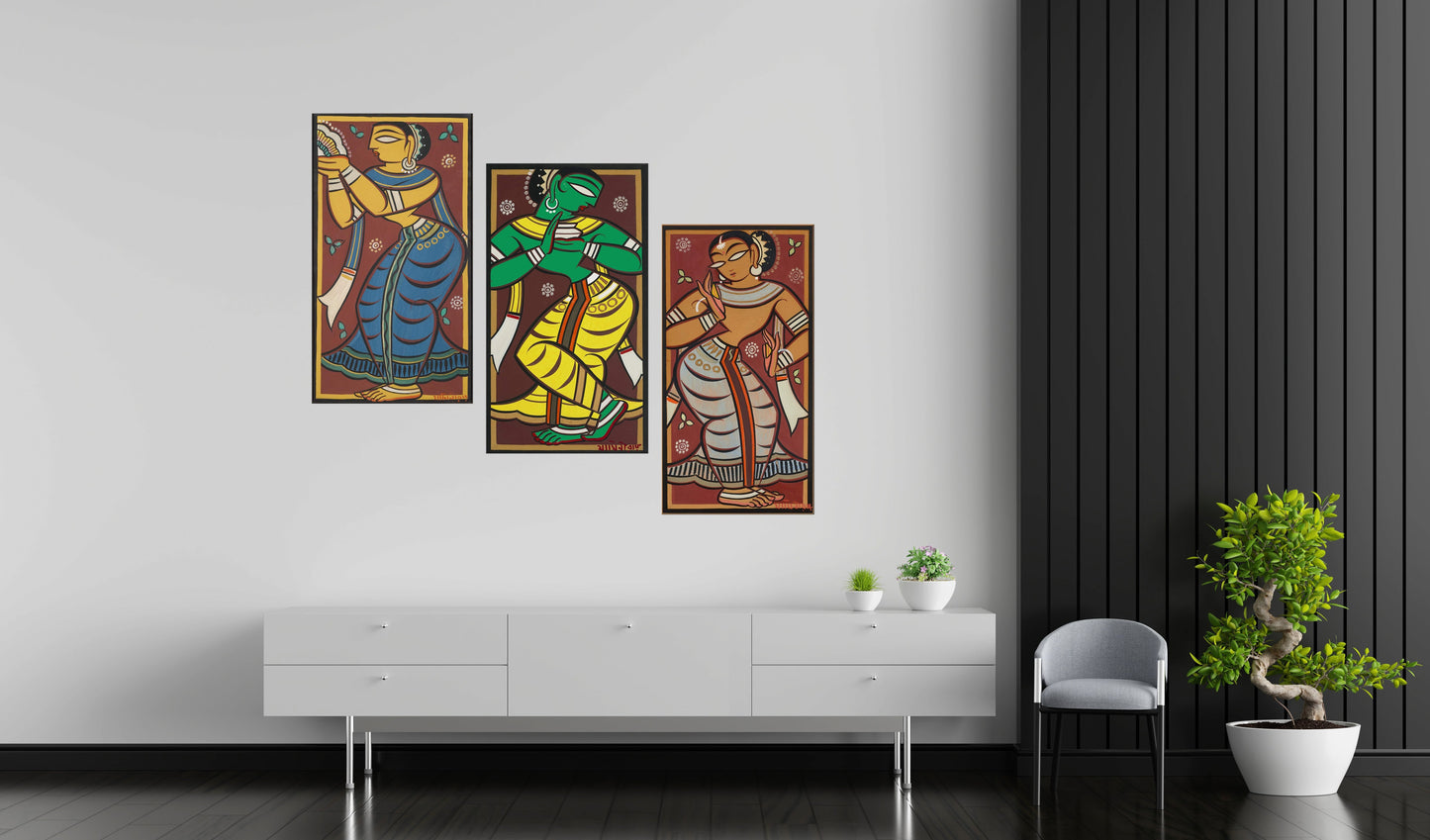 Set of 3 Gopini’s by Jamini Roy - Bengal Master - Indian Art - Kalighat Style - Canvas Matte Unframed