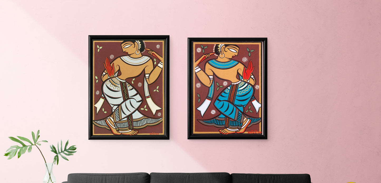 Set of 2 Indian Art - Kalighat Style -  Gopini by Jamini Roy - Bengal Master  - Canvas Print Unframed