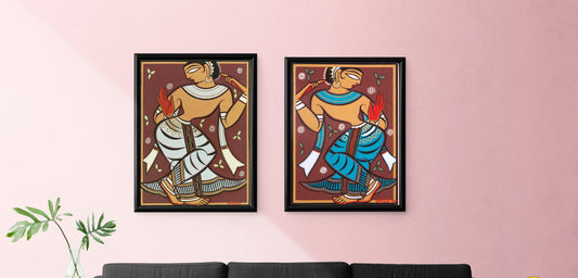 Set of 2 Indian Art - Kalighat Style -  Gopini by Jamini Roy - Bengal Master  - Canvas Print Unframed