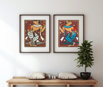 Set of 2 Indian Art - Kalighat Style -  Gopini by Jamini Roy - Bengal Master  - Canvas Print Unframed