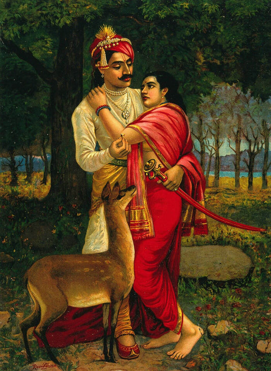 King Dushyanta proposing marriage with a ring to Shakuntalaby Ravi Varma.jpg