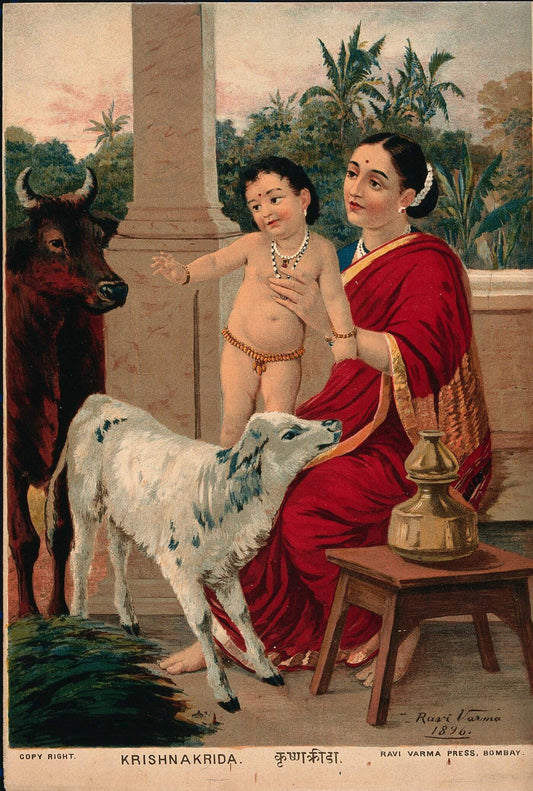 Krishna as an infant on Yasodas lap by Ravi Varma.jpg