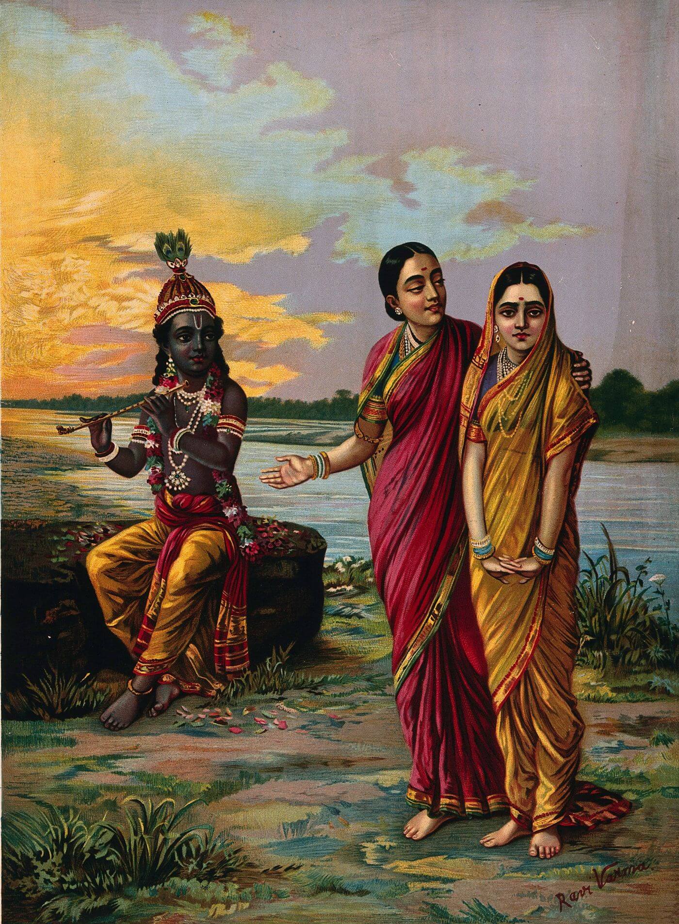 Krishna declaring his love for Radha via a confidante by Ravi Varma.jpg