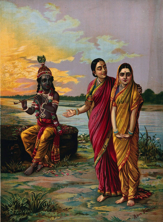 Krishna declaring his love for Radha via a confidante by Ravi Varma.jpg