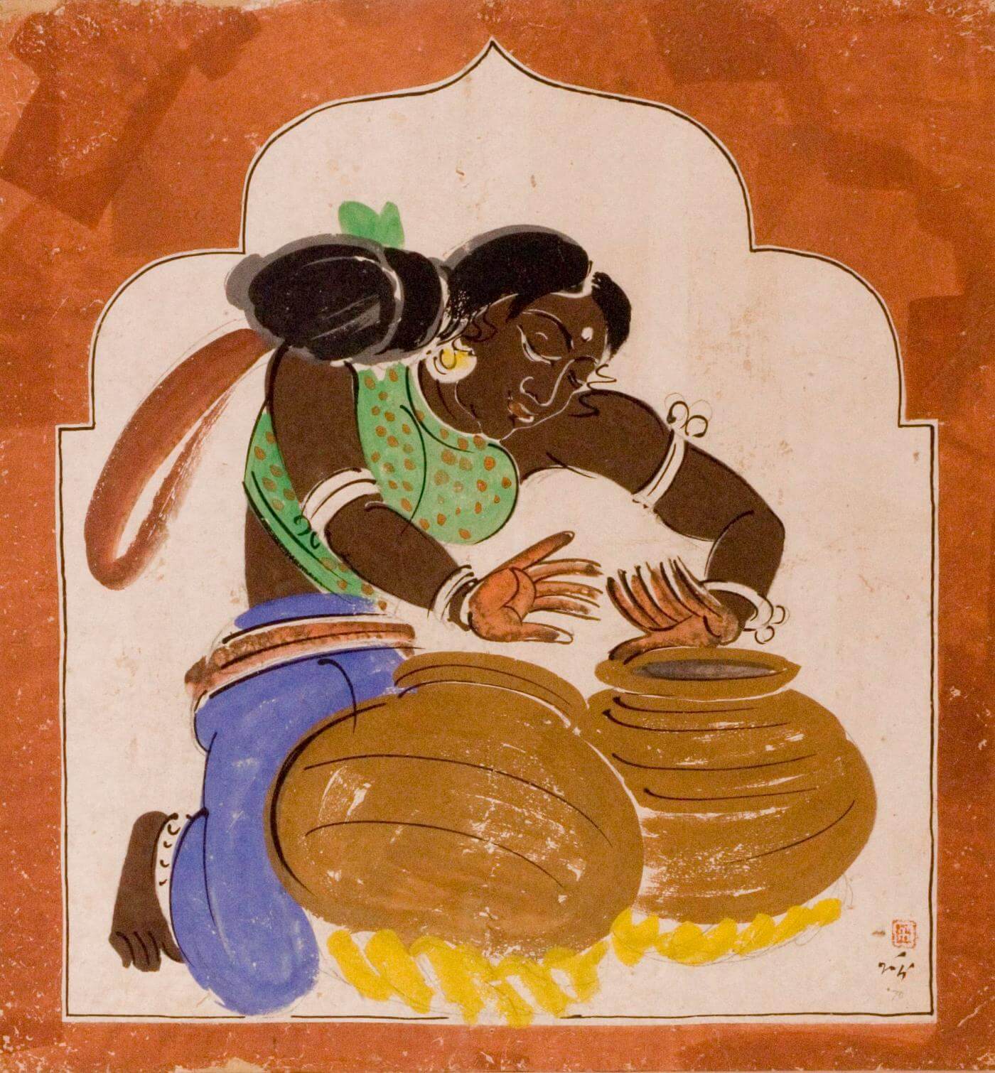 Lady playing tabla by Nandalal Bose