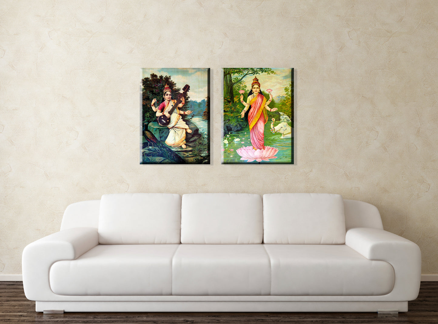 Set of 2 Indian spiritual paintings by Raja Ravi Varma - Goddess Saraswati, Goddess Lakshmi  - Canvas Print Unframed