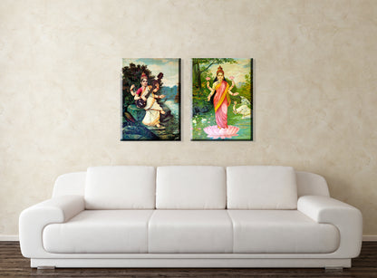 Set of 2 Indian spiritual paintings by Raja Ravi Varma - Goddess Saraswati, Goddess Lakshmi  - Canvas Print Unframed