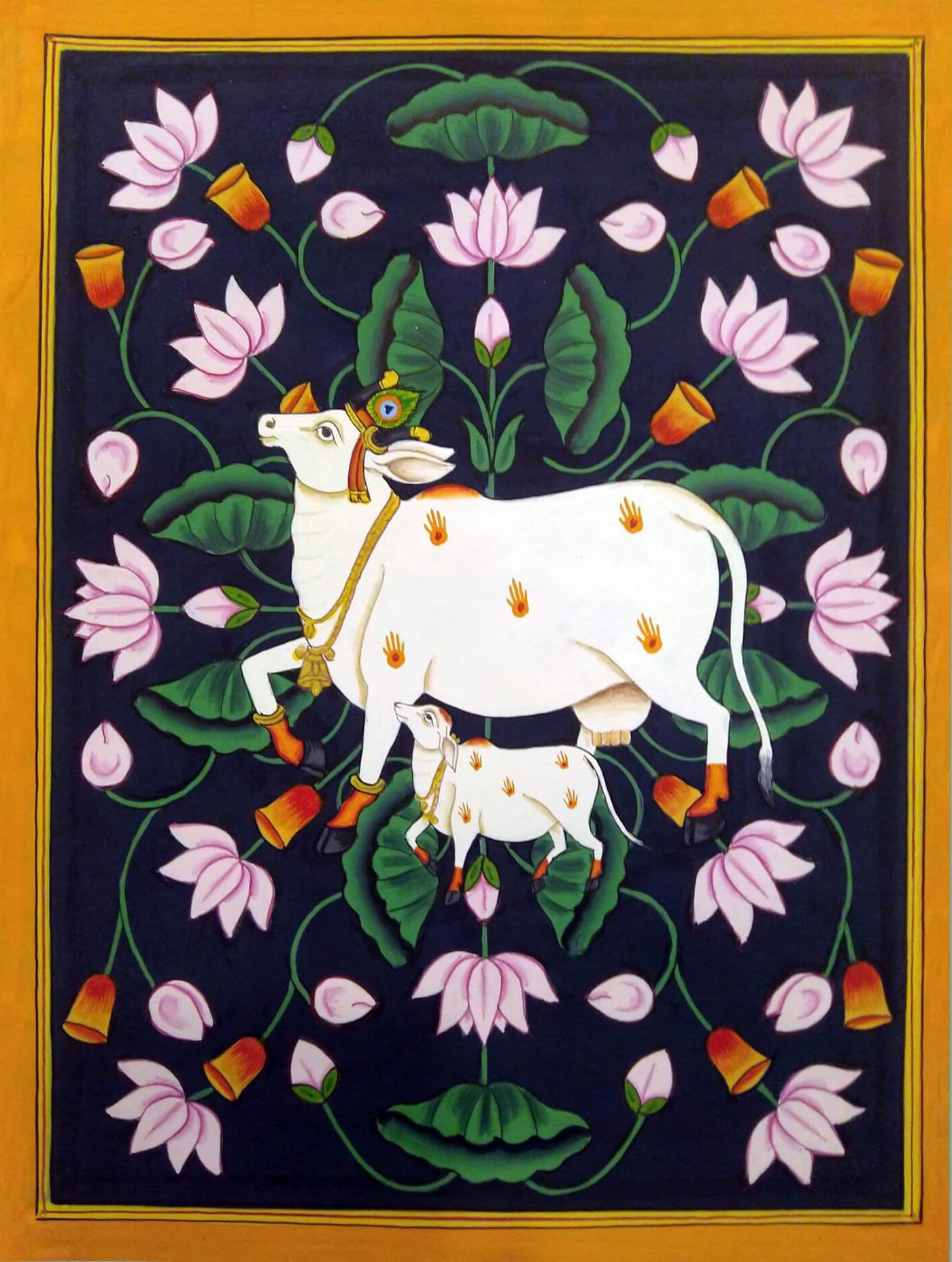 Set of 3 Indian Art Pichwai Shrinathji with Cows - Canvas Print Unframed