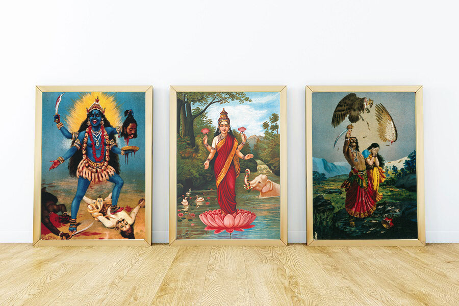 Set of 3 Indian Mythology paintings by Raja Ravi Varma - Goddess Kali, Goddess Lakshmi, Jatayu Vadham  - Canvas Print Unframed