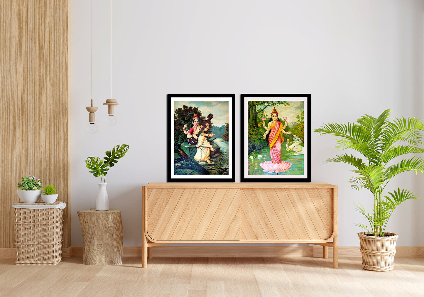 Set of 2 Indian spiritual paintings by Raja Ravi Varma - Goddess Saraswati, Goddess Lakshmi  - Canvas Print Unframed