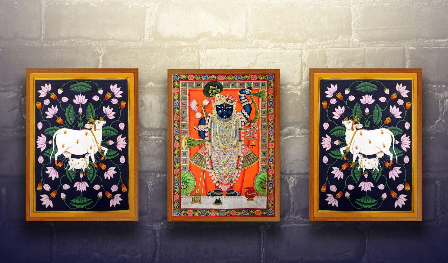 Set of 3 Indian Art Pichwai Shrinathji with Cows - Canvas Print Unframed