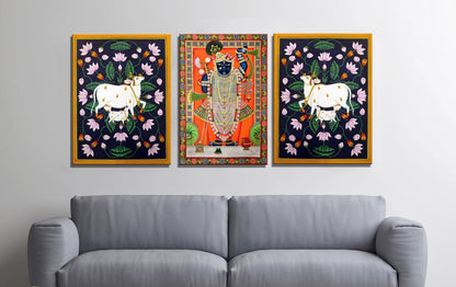 Set of 3 Indian Art Pichwai Shrinathji with Cows - Canvas Print Unframed