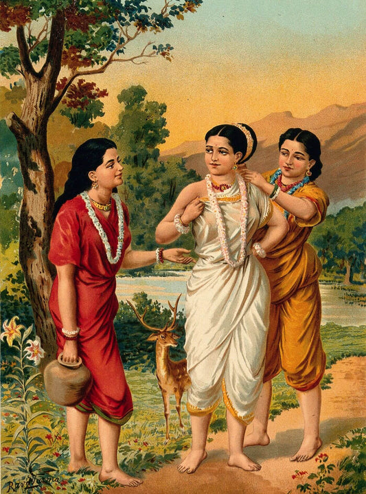 Shakuntala and her friends Chromolithograph by Ravi Varma..jpg