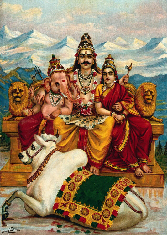 Shiva Parvati and Ganesha enthroned on Mount Kailas with Nandi by Ravi Varma.jpg