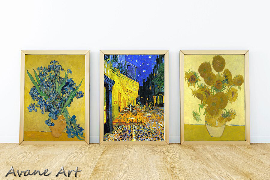 Set of 3 Vincent Van Gogh Paintings - Starry Night, Irises, Vase with fifteen Sunflowers - Canvas Prints Unframed