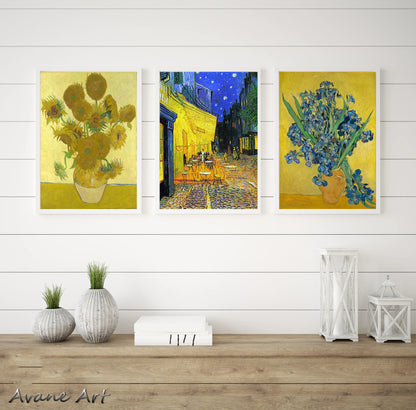 Set of 3 Vincent Van Gogh Paintings - Starry Night, Irises, Vase with fifteen Sunflowers - Canvas Prints Unframed