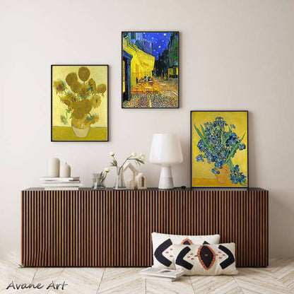 Set of 3 Vincent Van Gogh Paintings - Starry Night, Irises, Vase with fifteen Sunflowers - Canvas Prints Unframed