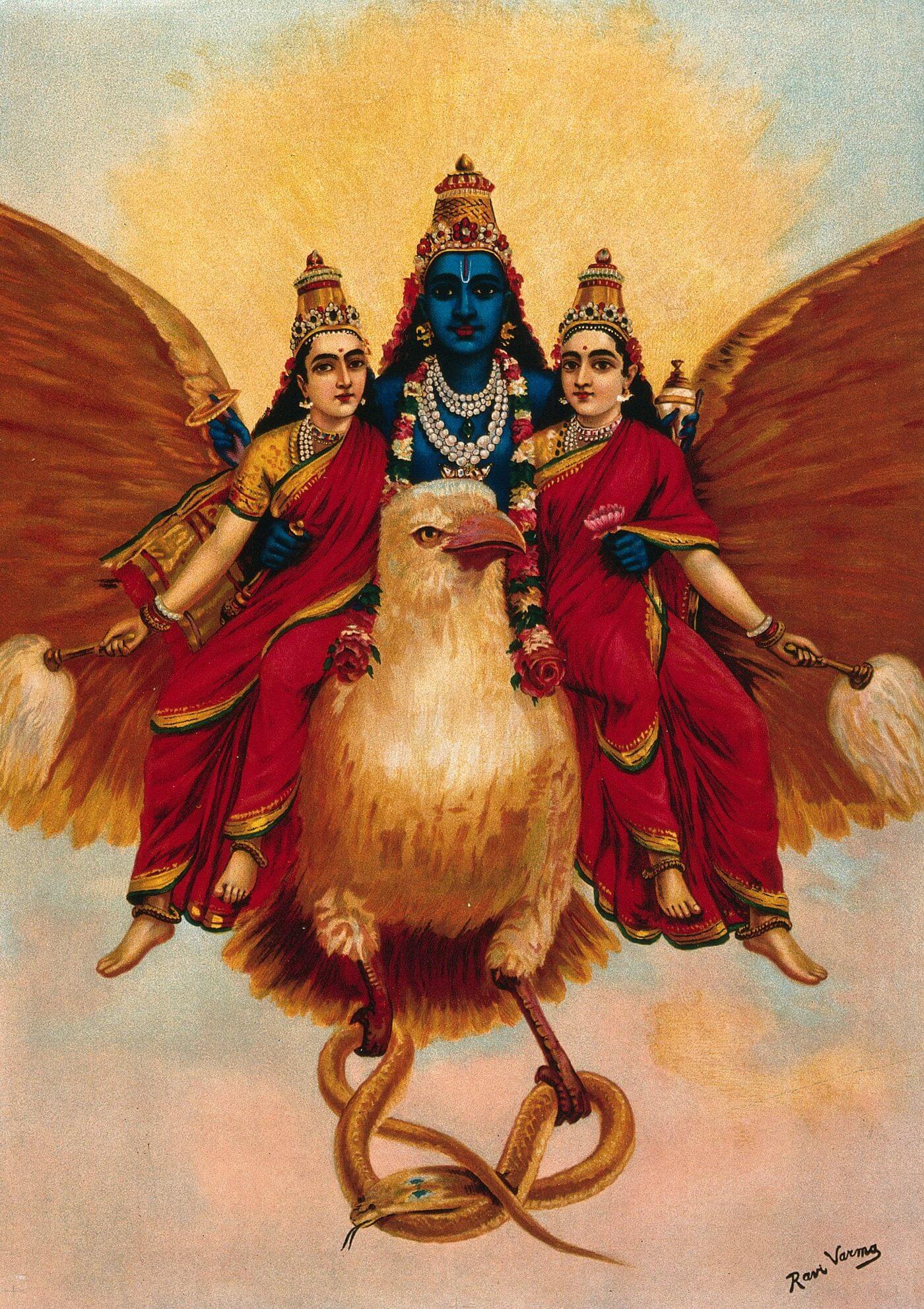 Vishnu accompanied by his wives riding on Garuda by Ravi Varma.jpg