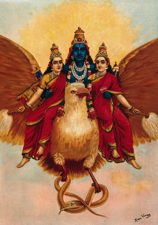 Vishnu accompanied by his wives riding on Garuda by Ravi Varma.jpg