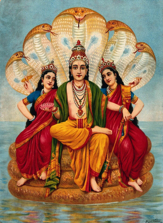 Vishnu flanked by two wives by Raja Ravi Varma.jpg