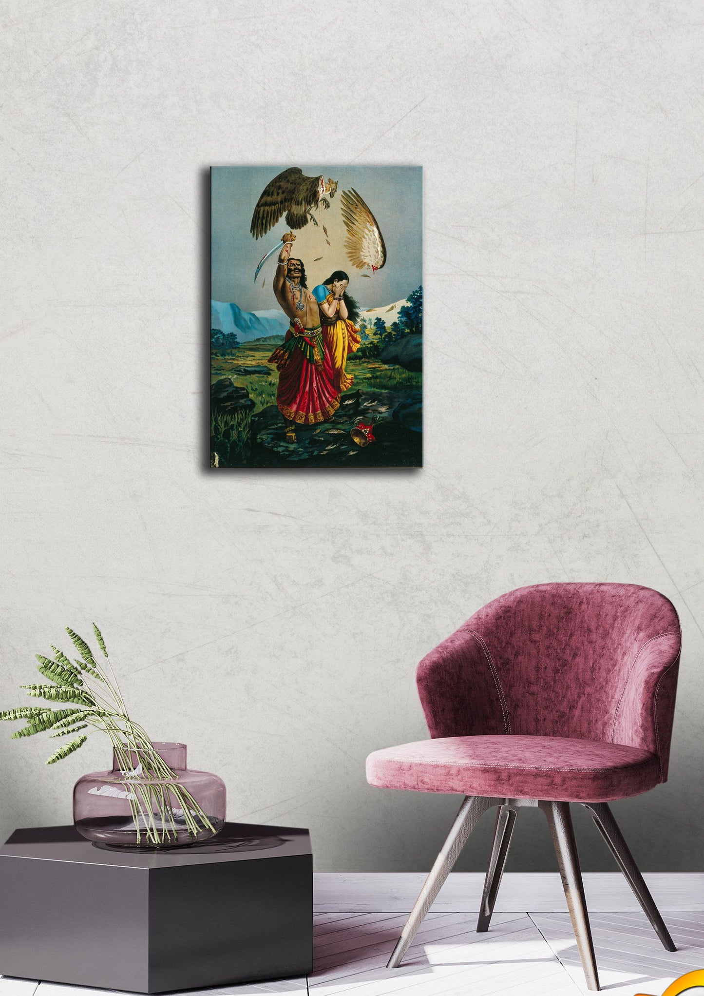 Set of 3 Indian Mythology paintings by Raja Ravi Varma - Goddess Kali, Goddess Lakshmi, Jatayu Vadham  - Canvas Print Unframed